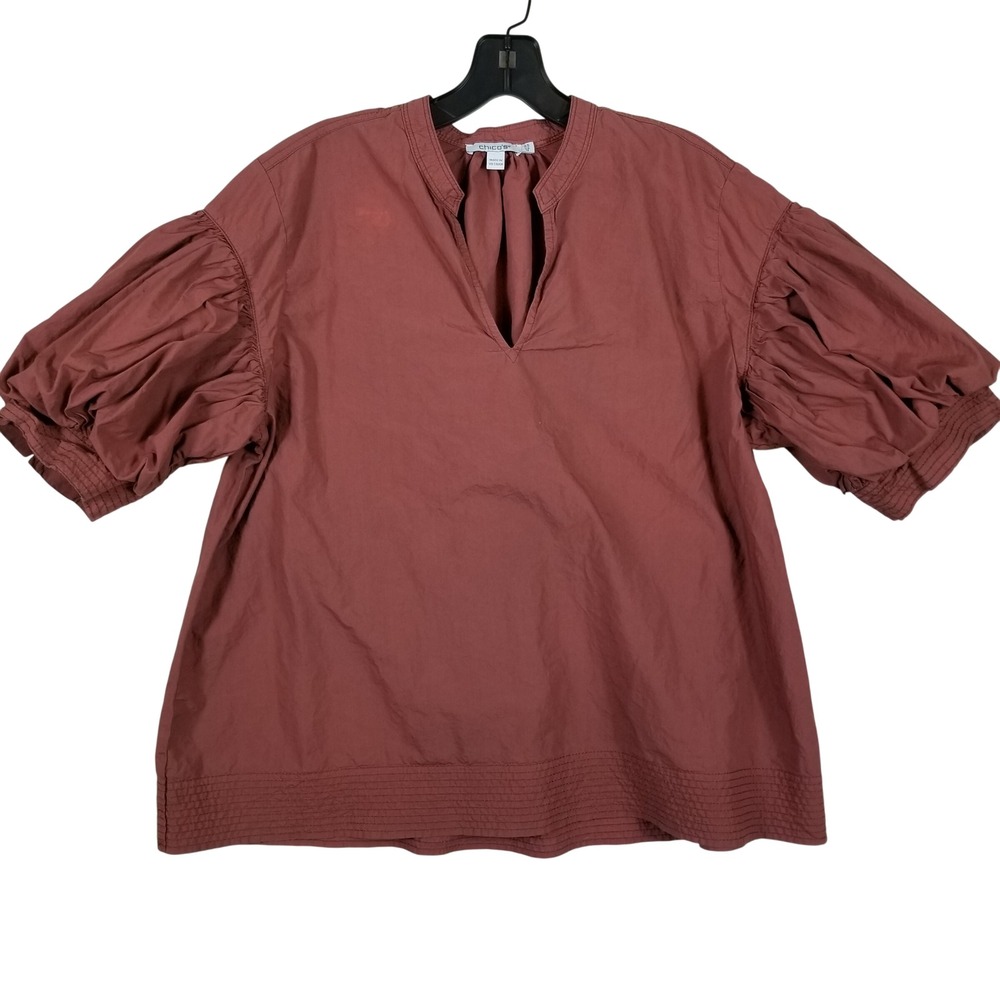 Chicos Women Terracotta Cotton Split Neck Puff Sleeve Blouse Top 14 Boho